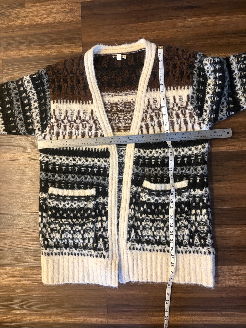 eesome Open-Front Fair Isle Cardigan in Cream, Brown, and Black - Picture 11 of 13
